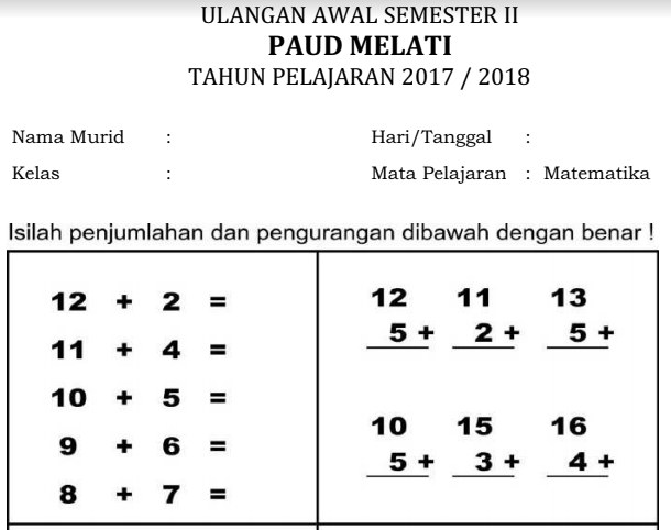 Contoh Soal UAS Matematika TK/PAUD Semester 2 - Administrasi TK PAUD