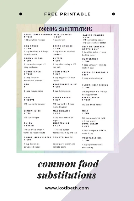 Is your pantry running low?  Try these food substitutions for common ingredients including for milk, for eggs, and for oil. These work for your baking so you can make your favorite foods without going to the store. The post has a list (chart) and there's also a free printable cheat sheets to hang on your fridge, cupboard door, or pantry.  These are easy cooking substitutions with common ingredients and real ingredients. #cooking #baking