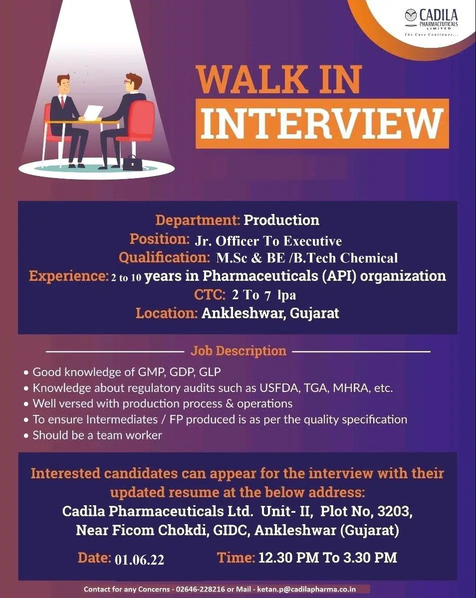 Job Available's for CADILA Pharmaceutical Ltd Walk-In Interview for MSc/ BE/ B Tech