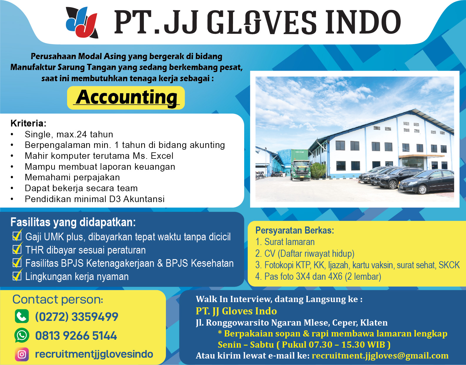 Loker Designer, Accounting, Marketing, Operator di PT JJ Gloves Indo Klaten