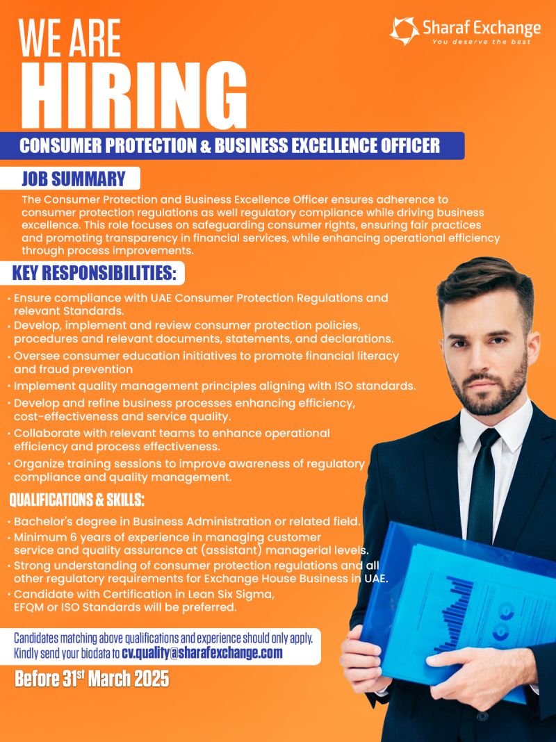 Hiring: Consumer Protection & Business Excellence Officer | Sharaf Exchange | Latest Jobs In Dubai 2025