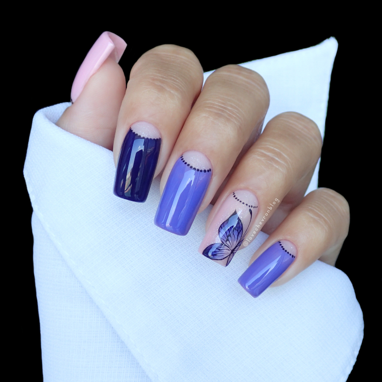 Laqell | Atrament Blue | Electric Purple | Baby Pink | motyl na paznokciach | half moon | negative space nail | Top Niuqi | wiosenne paznokcie | paznokcie hybrydowe |