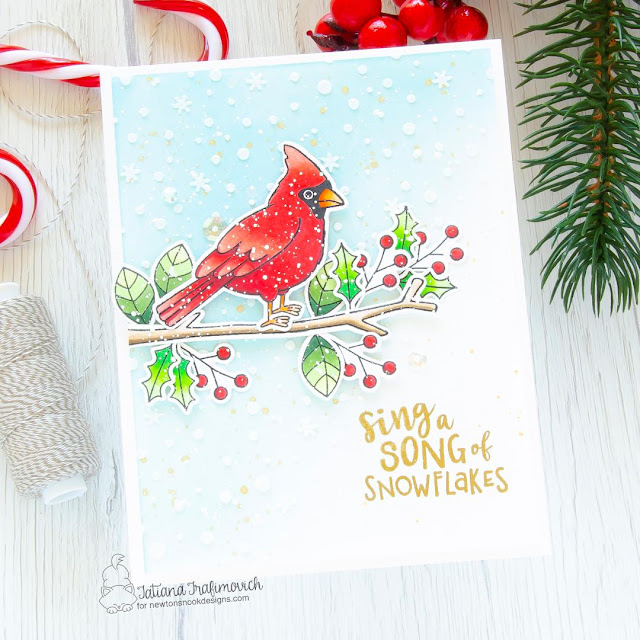 Sing a Song of Snowflakes! Winter Cardinal card by Tatiana Trafimovich | Winter Birds Stamp Set and Petite Snow Stencil by Newton's Nook Designs #newtonsnook #handmade