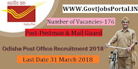 Odisha Postal Circle Recruitment 2018 – 176 Postman & Mail Guard