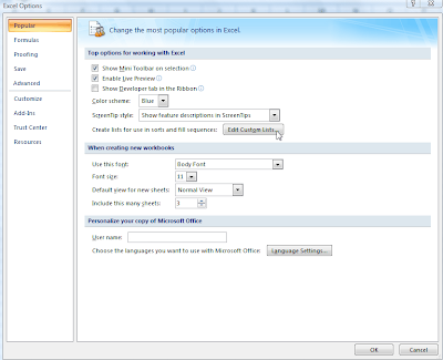  the 'Excel Options' button. On the 'Popular' page, click the 'Edit 