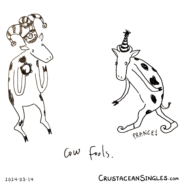 Two cows stand on their hind legs and act as jesters; one wears the classic hat with three curved tails and bells at the tips and holds a tambourine, while the other prances in a pointed hat and long curl-toed shoes. Caption: "Cow fools."