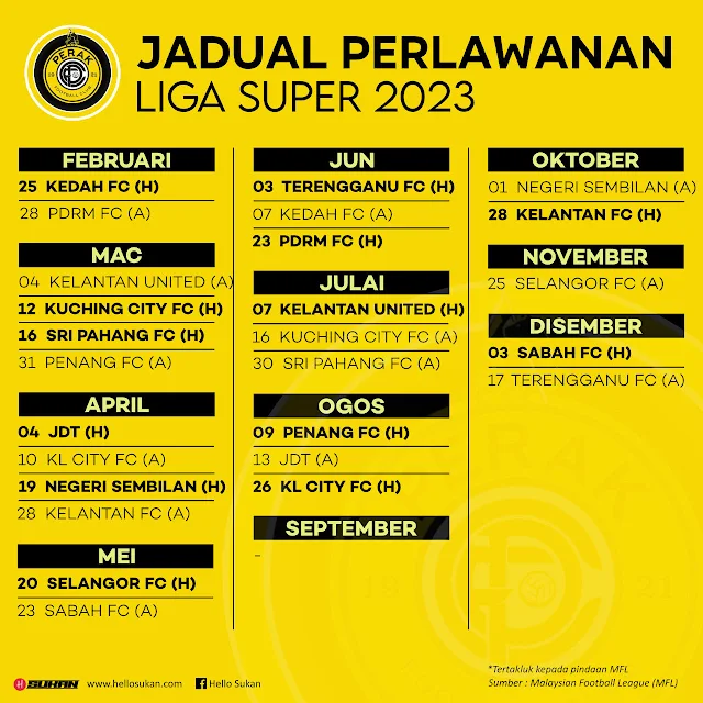 Jadual Penuh Perlawanan Perak FC Di Liga Super 2023