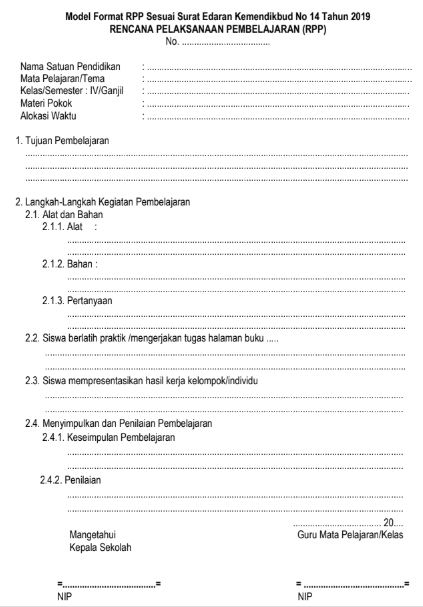 Format RPP 1 Lembar Berdasarkan Edaran Mendikbud No 14 Tahun 2019