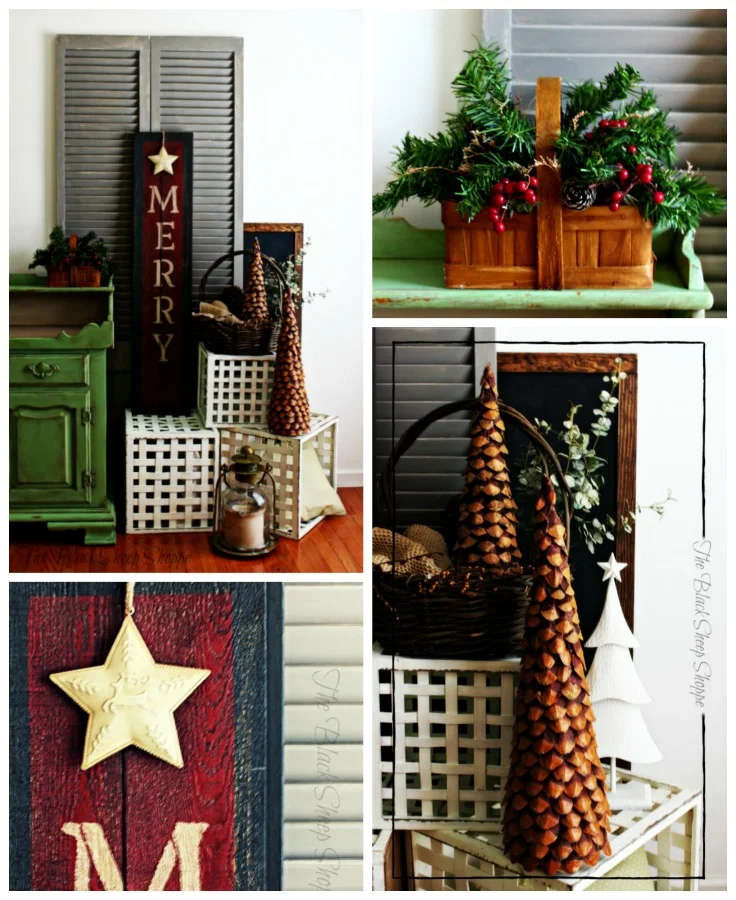 Hand made barn wood sign for the holidays. Staged with natural elements of pine cone trees and greenery.