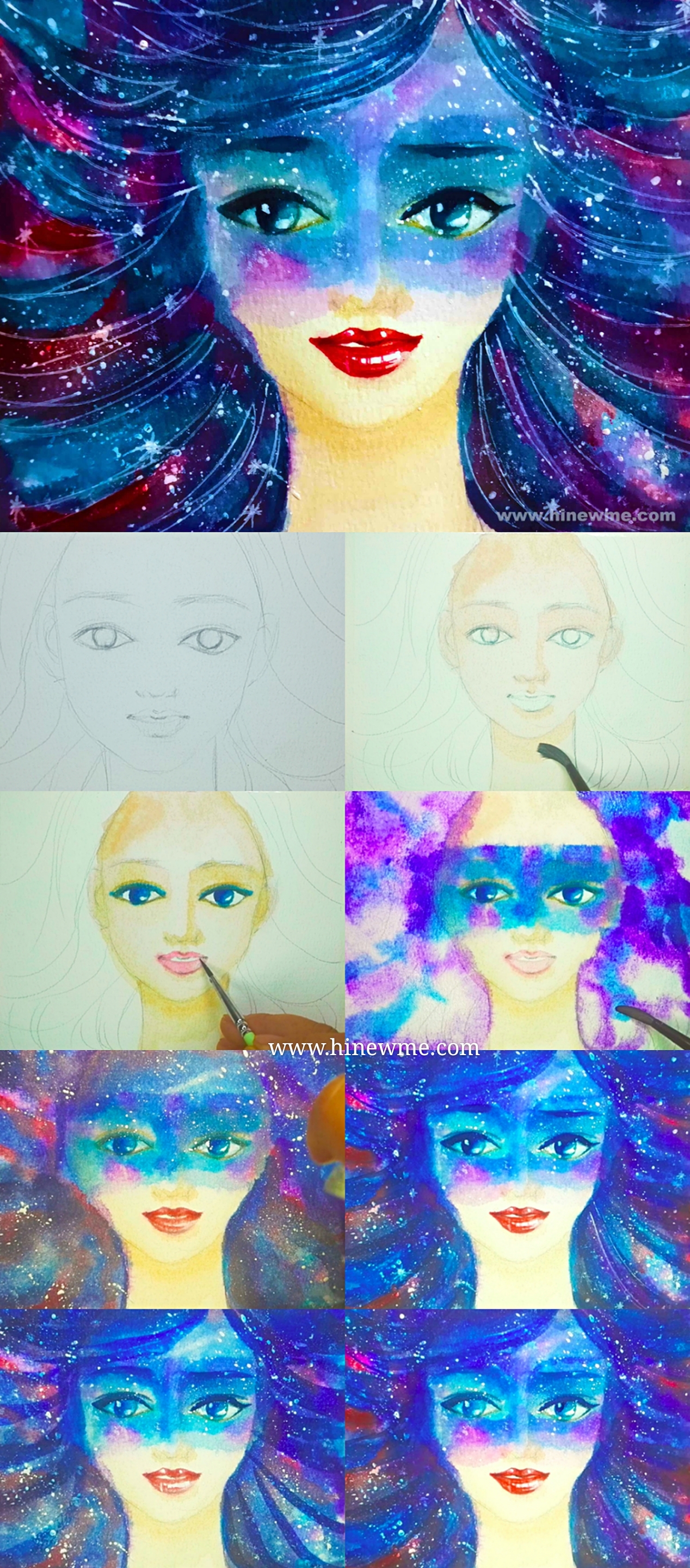 How to draw watercolor galaxy girl step by step tutorial