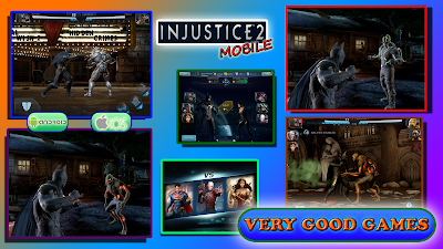A banner for the review of a free fighting game with superheroes - Injustice 2 Mobile for Android and iOS tablets and smartphones