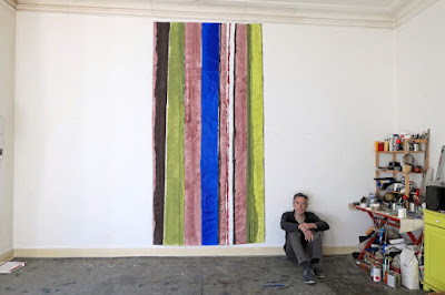 Michel Carmantrand I've heard it's time to take a look back; that is to say last June, with the fourth version of The island, 306x130cm (120x51"), acrylic on canvas,  painted both sides and partly reversed, inverted and folded, made shortly before not really trusting anymore the oppositions of colors on a same plane; that is to say the work of art as a real definition, exposing its possibilities from its intrinsic (internal) characteristics; that is to say less expression and more concrete attention: less image, let's say; but i still like this piece, finally.
