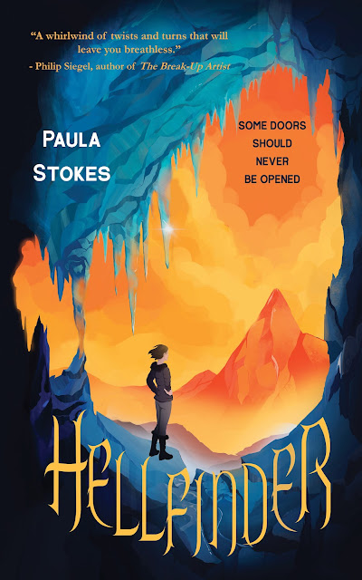 A teen girl with medium-length brown hair stands in the middle of an ice cave, looking out at at an orange and red volcano. The title text reads: HELLFINDER