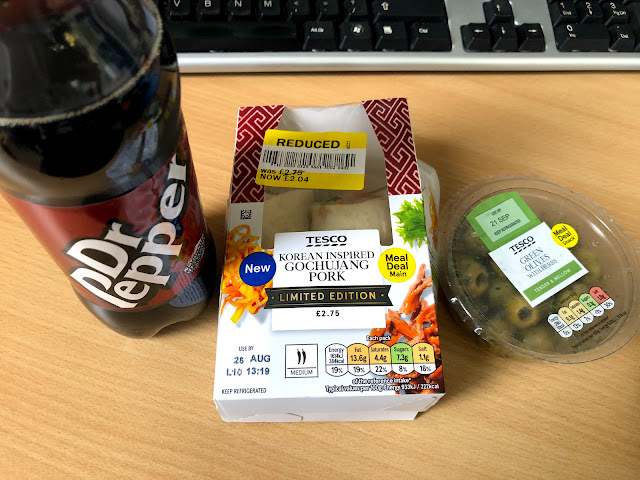 dr pepper, discount wrap and olives