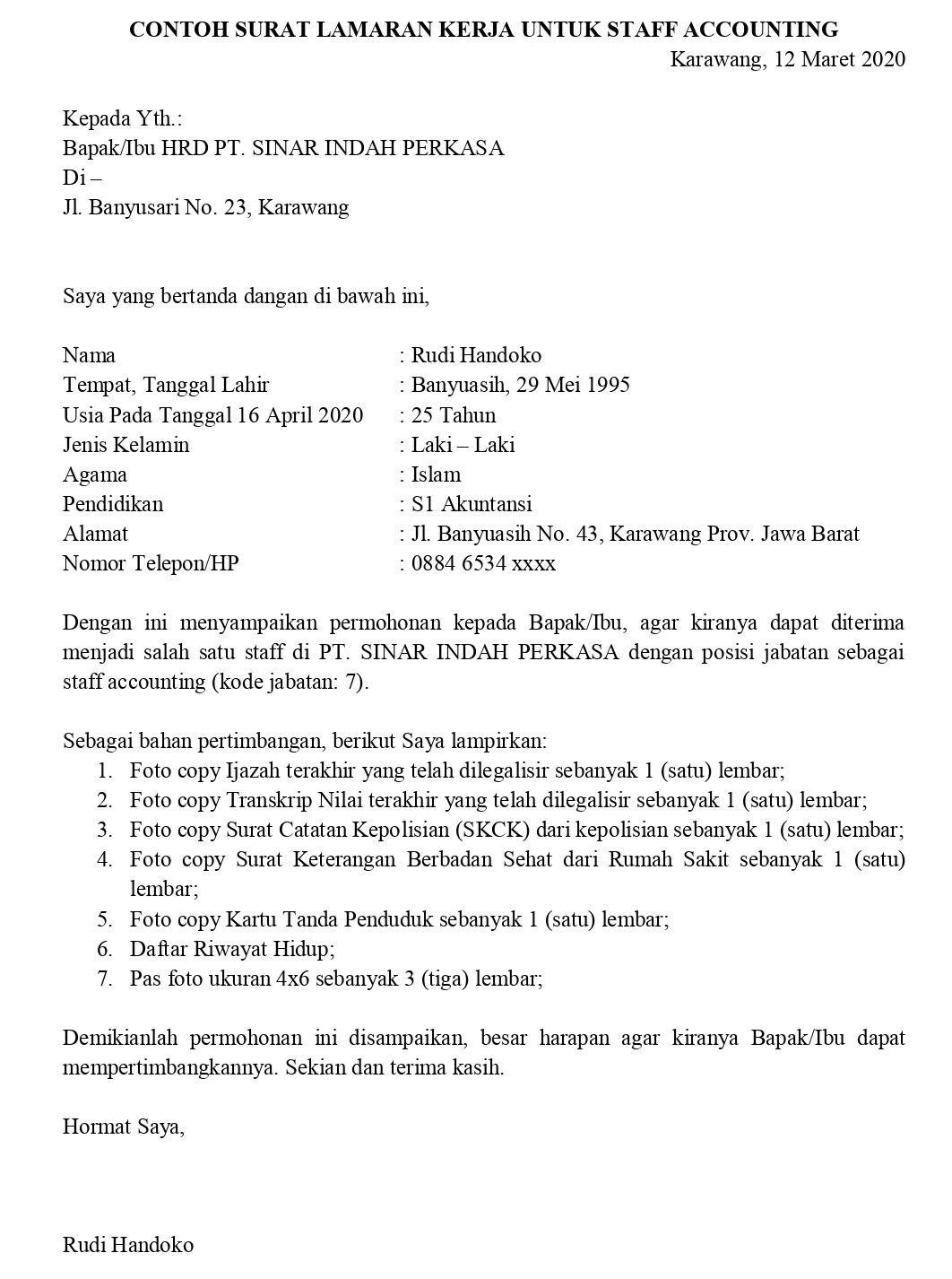 Contoh Surat Lamaran Pekerjaan Untuk Akuntansi Dan Keuangan (Staff