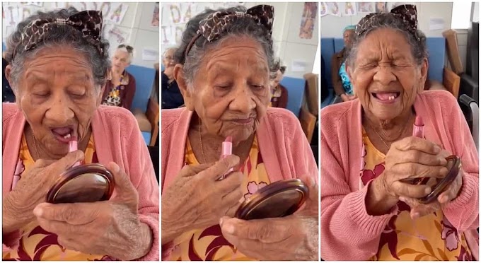 Watch Video of Old Woman Applying Make-up and Admiring Herself Goes Viral "Raw happiness not money"