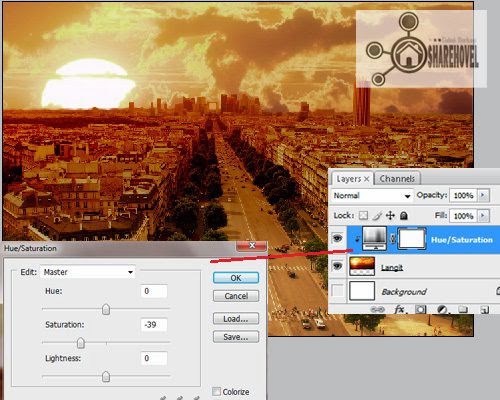 Buatah layer adjustment hue/saturation diatas layer gambar langit - trik cara membuat efek sunset di photoshop