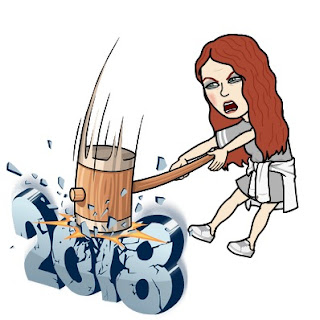 Bitmoji girl hitting 2018 with hammer