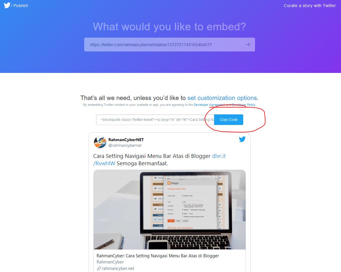 Copy kode embed postingan twitter