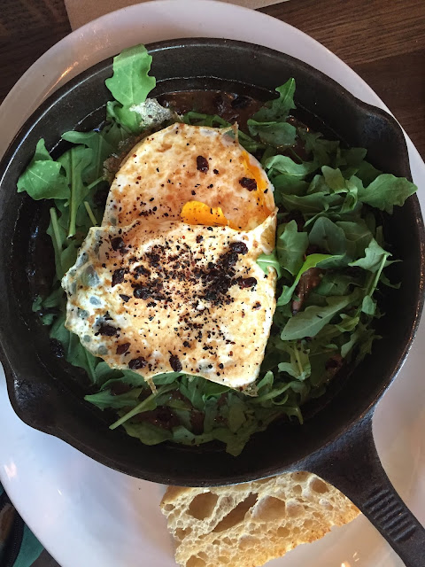 Arugula, Mushrooms, and Eggs in a Pan