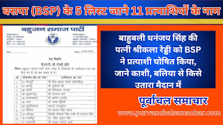 बाहुबली धनंजय सिंह की पत्नी श्रीकला रेड्डी को BSP ने प्रत्याशी घोषित किया, जाने काशी, बलिया से किसे उतारा मैदान में, बसपा (BSP) के 5  लिस्ट जाने 11 प्रत्याशियों के नाम, BSP Candidate List