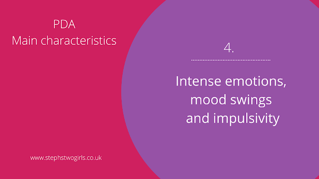 Pink and purple slide presentation with text 4. Intense emotions, mood swings and impulsivity