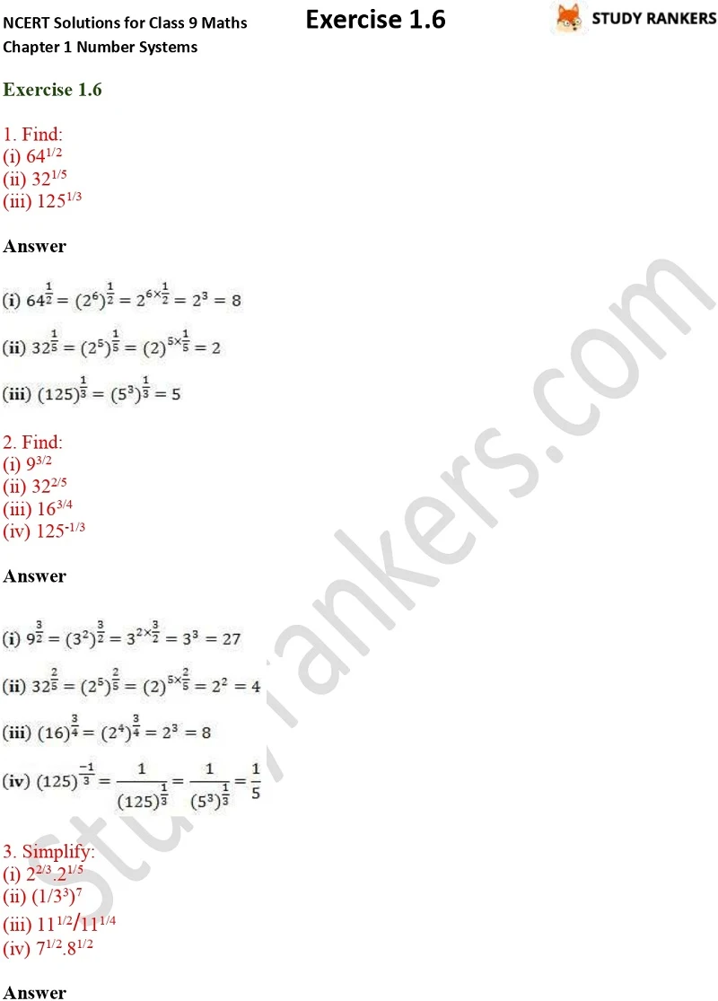 NCERT Solutions for Class 9 Maths Chapter 1 Number Systems Exercise 1.6 Part 1