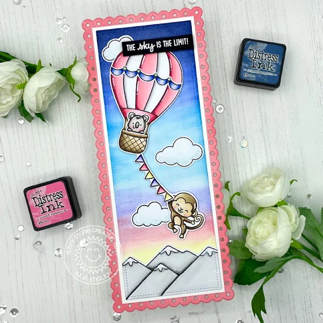 Sunny Studio Stamps: Balloon Rides Love Monkey Slimline Dies Country Scenes Everyday Card by Julia Englich