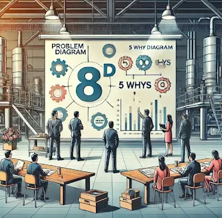 "A professional team in an industrial setting working collaboratively on problem-solving. A whiteboard prominently displays the term '8D' along with charts, diagrams, and tools like the Fishbone Diagram and 5 Whys methodology. The background includes factory equipment, emphasizing teamwork and process improvement."