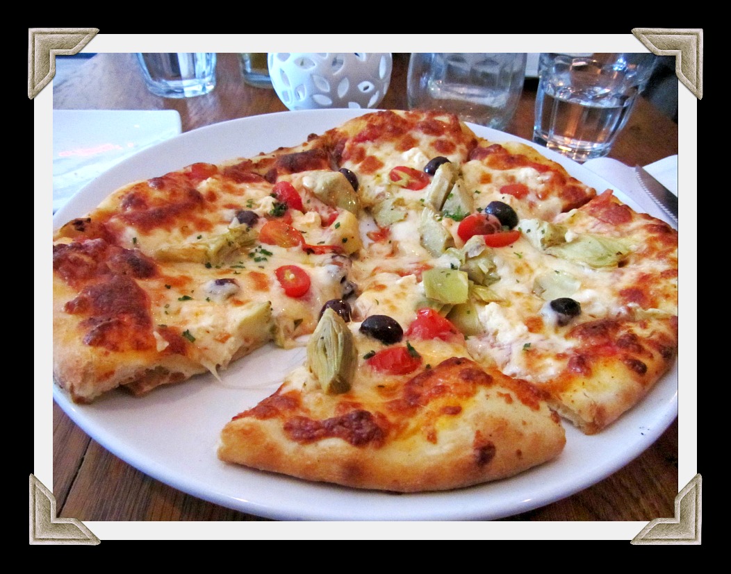 artichoke, olive, and tomato pizza