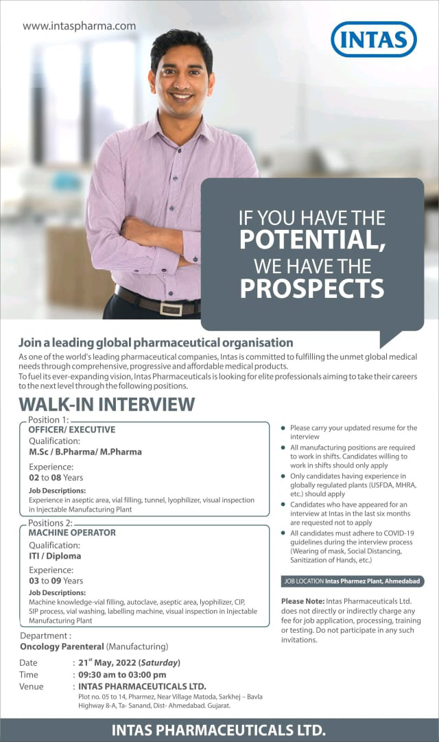 Job Availables,Intas Pharmaceuticals Walk-In-Interview For B.Pharm/ M.Pharm/ MSc/ Diploma/ ITI