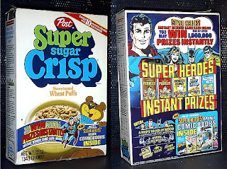 Super Sugar Crisp cereal box promoting Post Super Heroes mini comics
