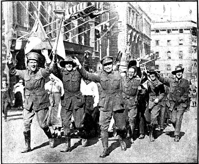 Snapshots of Street Scenes in Sydney Following the Official News of the Armistice - November 1918 - Some of the 6,000 returned soldiers who attended the Thanksgiving Service in the Domain on Wednesday 13 November, 1918