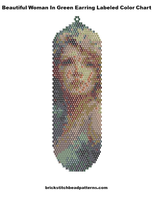 Beautiful Woman In Green Portrait Earring Free Brick Stitch Bead Pattern Labeled Color Chart