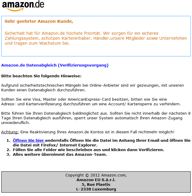 Spam Mail angeblich von Amazon: Datenabgleich