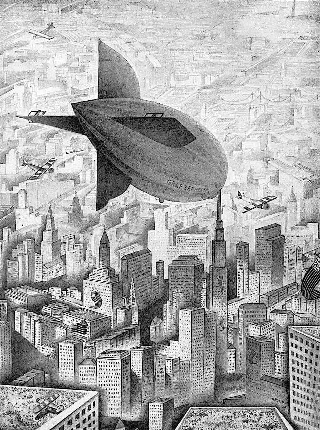 a 1929 dirigible over a city