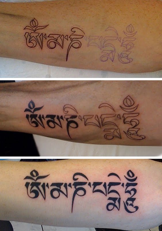 The inking of the Mani mantra in the Uchen script style shows the tattoo 