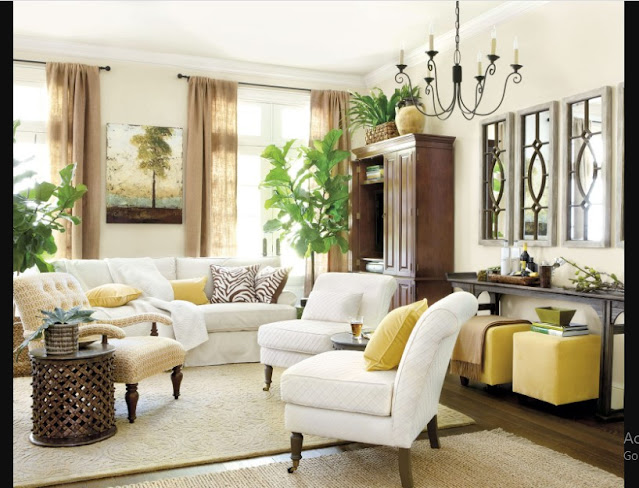 Living Room Layout Design Ideas with white sofa and brown cushion also two brown sofa chair and black rectangle glass top coffee table on the grey floor