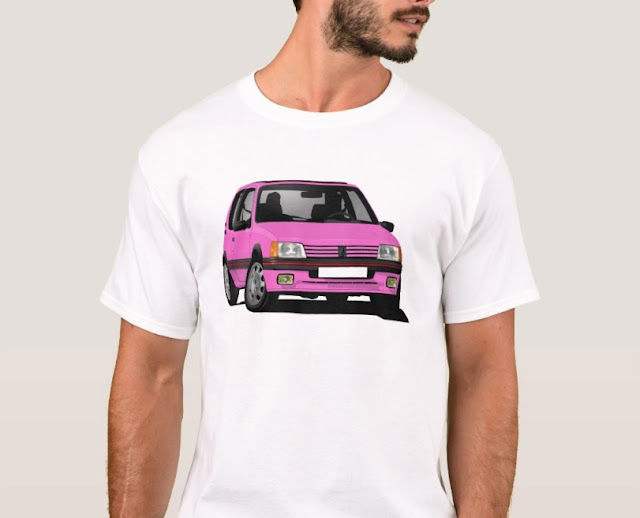 Pink and fab Peugeot 205 GTi illustration on t-shirt