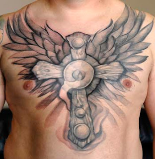 Breast Cross Wings Tattoo