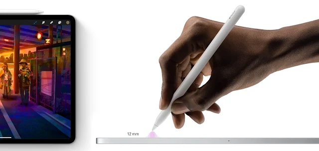 Close-up of a hand using the new Apple Pencil Pro on the 2024 iPad Pro, demonstrating its precision and responsiveness.