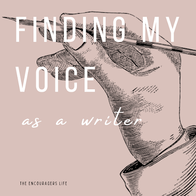 Outline of a hand holding a fountain pen.  Words Read, "Finding My Voice As A Writer. The Encouragers Life."