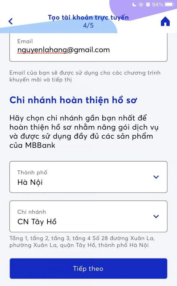 Chọn chi nhánh ngân hàng