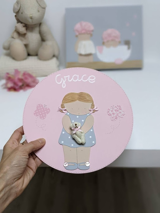 Placa de puerta infantil  personalizada habitación  rosa y gris