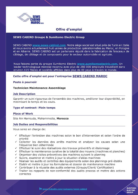 Sews Cabind Maroc recrute plusieurs profils