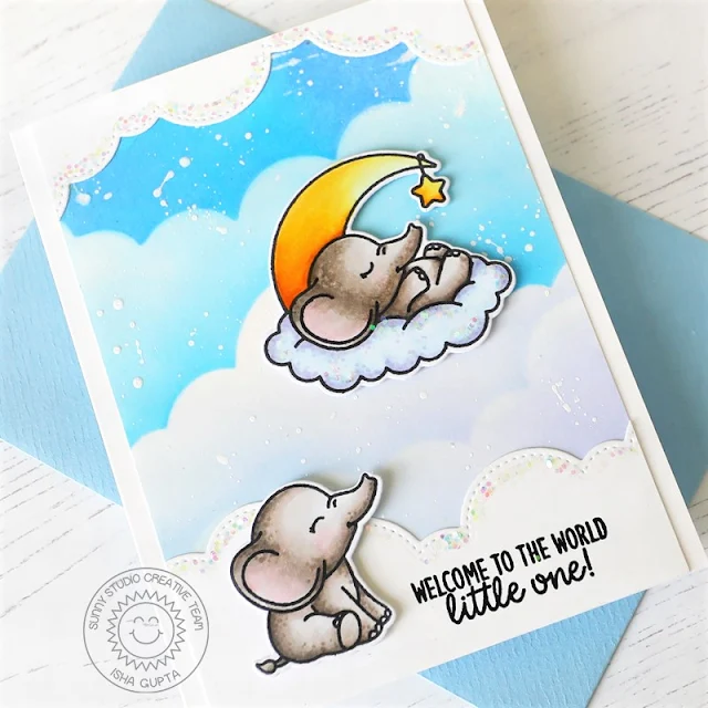 Sunny Studio Stamps Baby Elephants in Clouds Card by Isha Gupta (using Slimline Nature Border Dies)