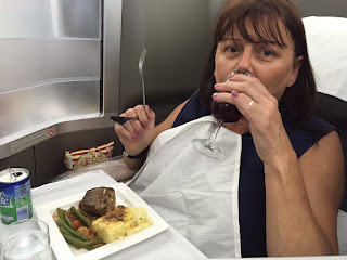 Business class dining on our flight to Austin, Texas.