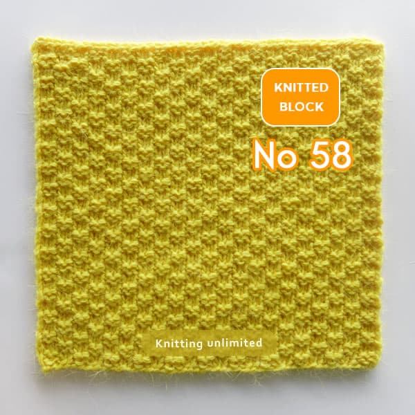 Knitted block number 58 was created using the Double Moss stitch, a 4-row repeat pattern that is easy for new knitters as it only requires knit and purl stitches.