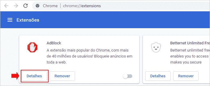 Acessando detalhes da extensão no Chrome