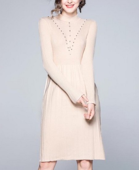 Half-Collar Slim Beaded Knit Sweater Dress